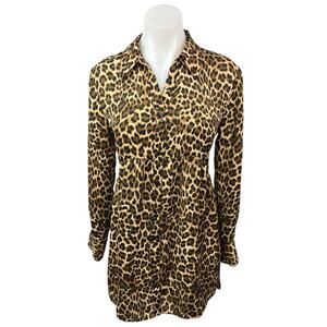 Zara Brown Animal Leopard Print Button Up Long Sleeve Mini Shirt Dress Size XS